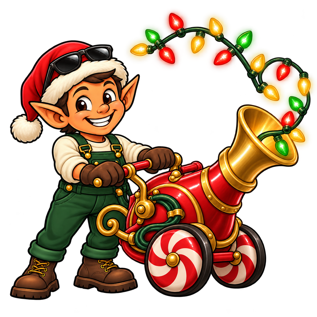 Our friendly Christmas elf operating a peppermint-wheeled Christmas light cannon